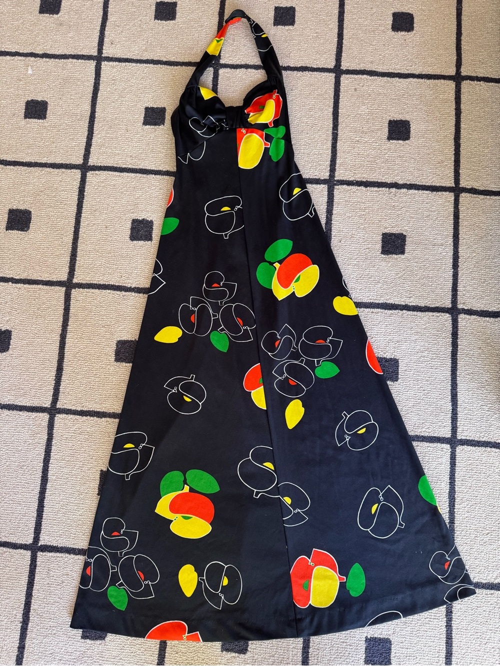 Vintage 70’s black floral fruit printed halter maxi dress bustier mod op art S
